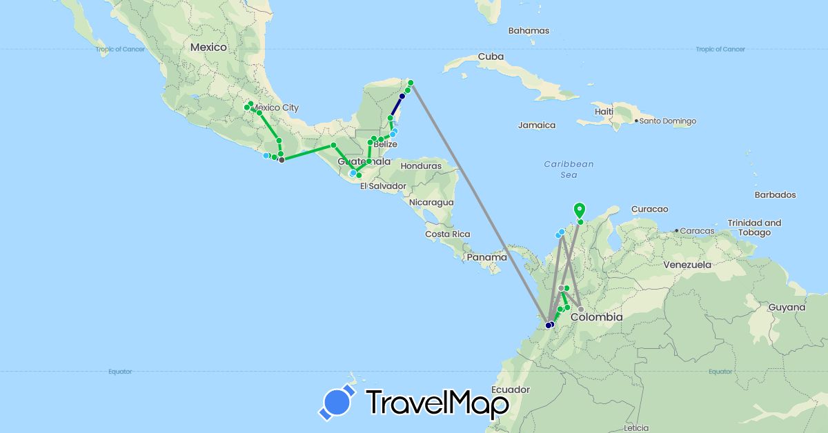 TravelMap itinerary: driving, bus, plane, boat, motorbike in Belize, Colombia, Guatemala, Mexico (North America, South America)